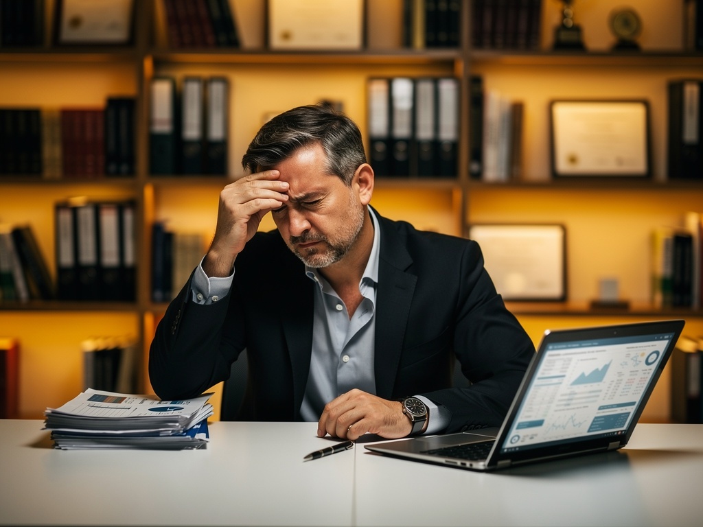Business owner reviewing financials, overwhelmed at desk